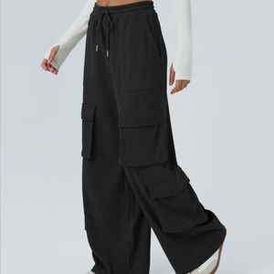 Ribbed Midi Rise Drawstring Pockets Wide Leg Cargo Casual Pants L Large Women’s